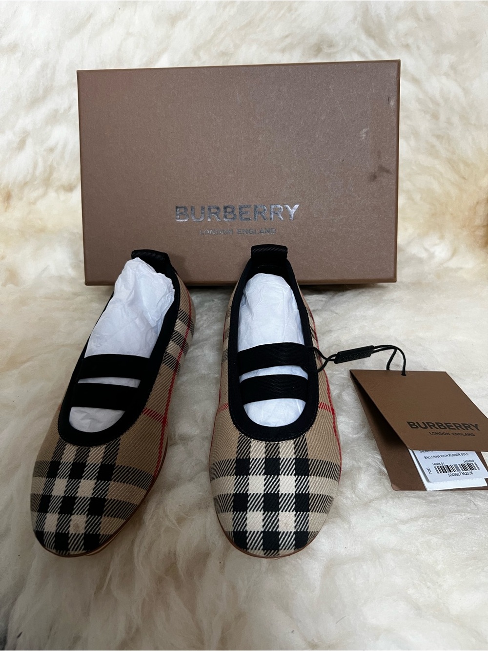 New Burberry Plaid Mary Jane Flats in Beige and Black in box